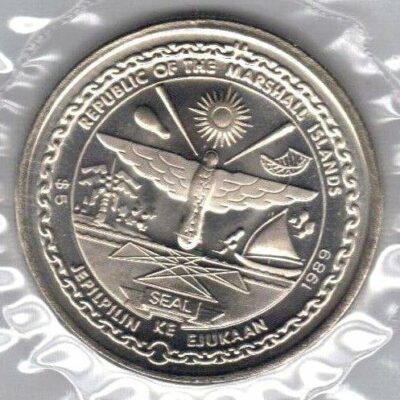 Republic of Marshall Islands, 20th Anniversary – First Men on the Moon Apollo 11, $5, 1989, UNC Condition.