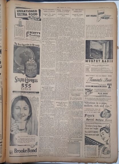 The Times of India : Tuesday, 27 August 1946 - Vintage Rare Collectible Newspaper (1946)